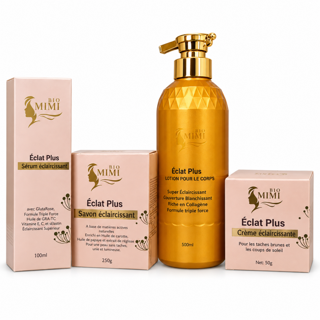 Coffret Éclat Plus Bio Mimi : lotion, sérum, crème et savon sur fond blanc