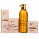 Coffret Éclat Plus Bio Mimi : lotion, sérum, crème et savon sur fond blanc