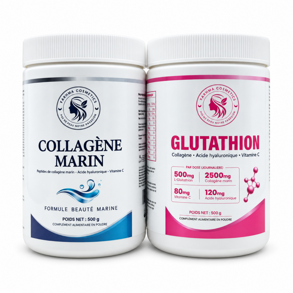 Duo Collagène marin et Glutathion, deux pots de 500 g sur fond blanc