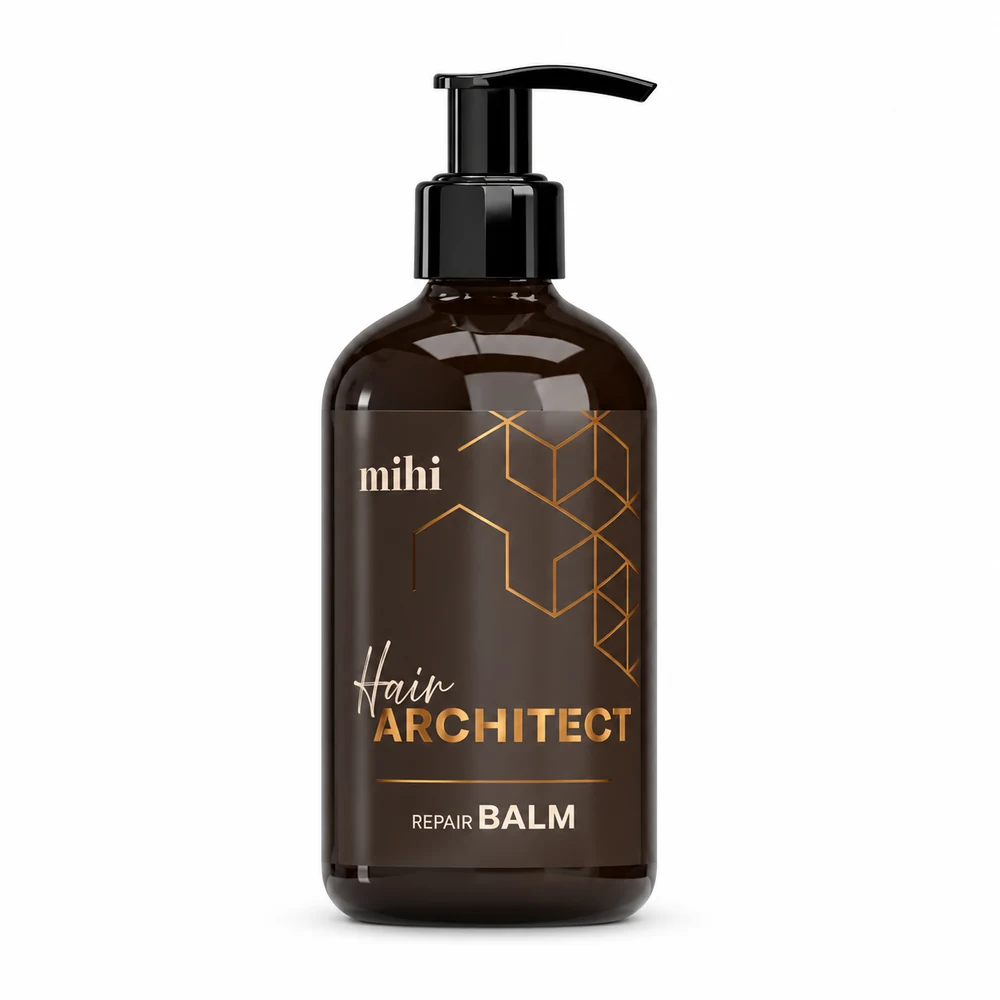 Flacon pompe du baume réparateur MIHI Hair Architect 500 ml sur fond blanc.