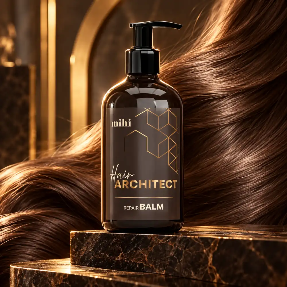 Baume réparateur Hair Architect MIHI sur un socle de marbre dans une mise en scène dorée.
